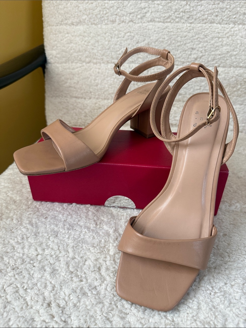 A New Day Nude Beige Square Toe Block Heel Ankle Strap Sandals 7.5